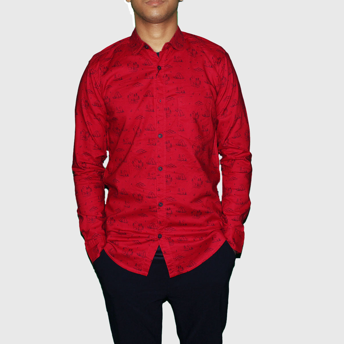 Red Casual Button Shirt with Sailing Print