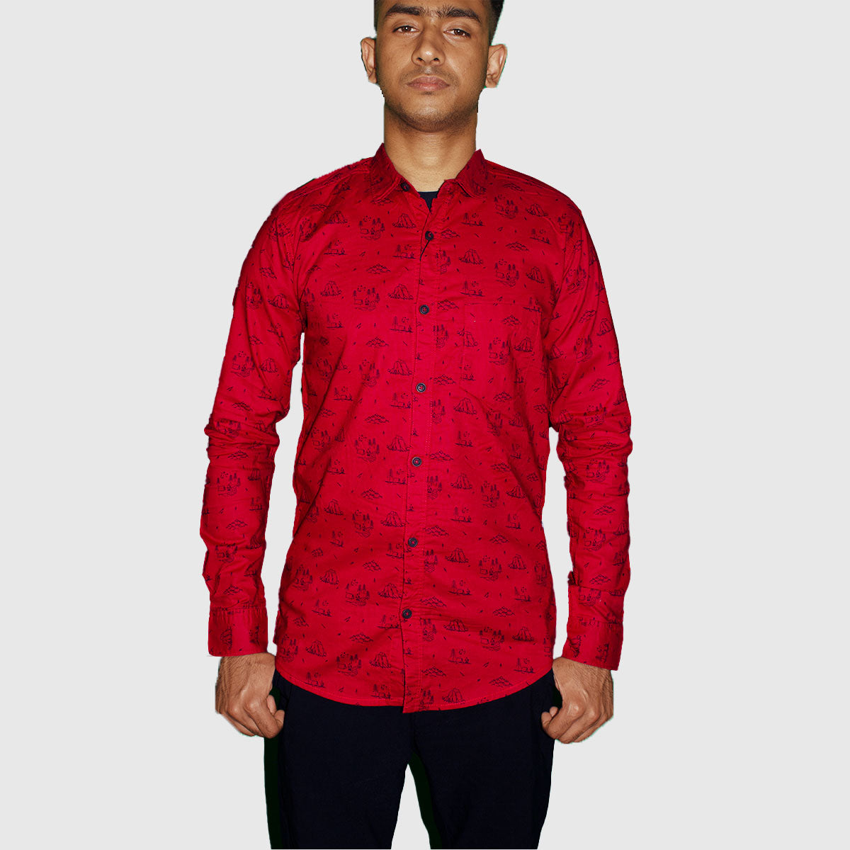 Red Casual Button Shirt with Sailing Print