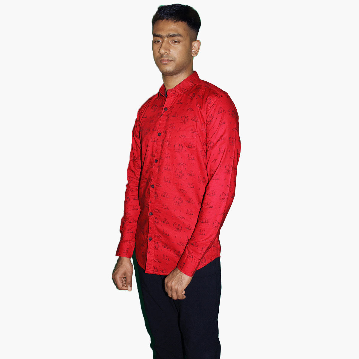 Red Casual Button Shirt with Sailing Print