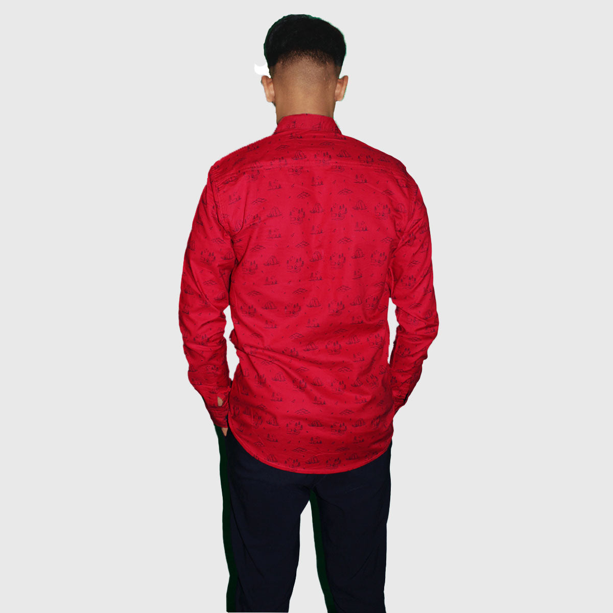 Red Casual Button Shirt with Sailing Print