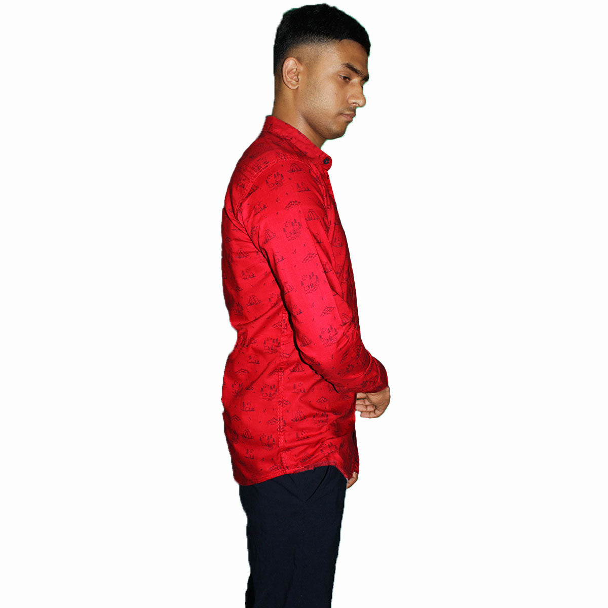 Red Casual Button Shirt with Sailing Print