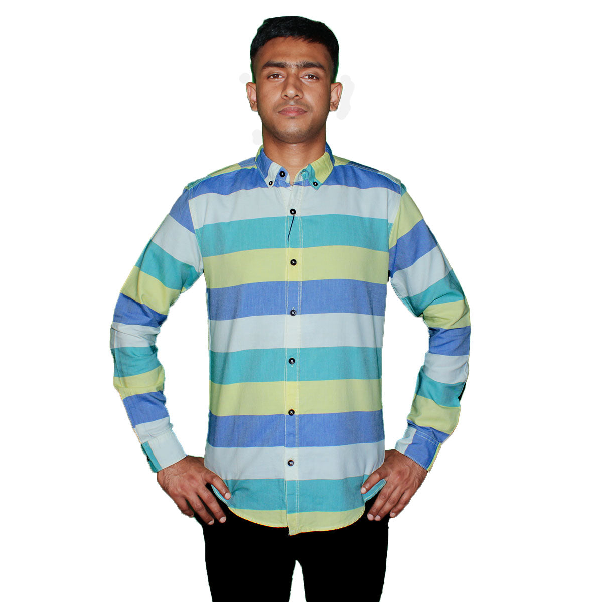 Stripe Button-Up Shirt - Blue, Yellow & Green