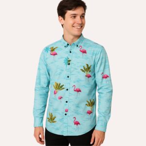 Flamingo Print Button-Up Shirt - Light Blue