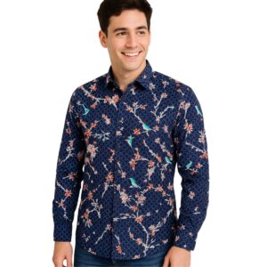 Floral Bird Print Button-Up Shirt - Navy Blue