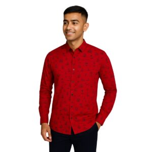 Red Casual Button-Up Shirt with Sailing Print