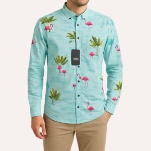 Flamingo Print Button-Up Shirt - Light Blue