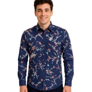 Floral Bird Print Button-Up Shirt - Navy Blue