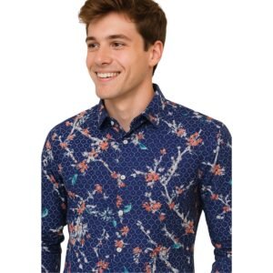 Floral Bird Print Button-Up Shirt - Navy Blue