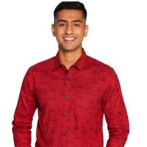 Red Casual Button-Up Shirt with Sailing Print