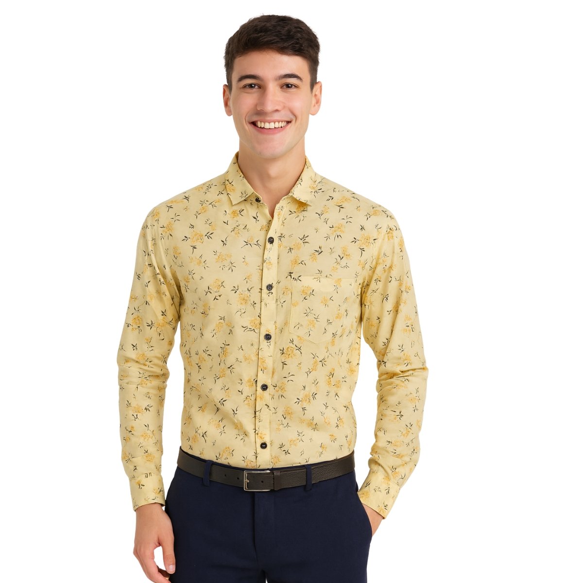 Yellow Floral Long Sleeve Shirt for Men