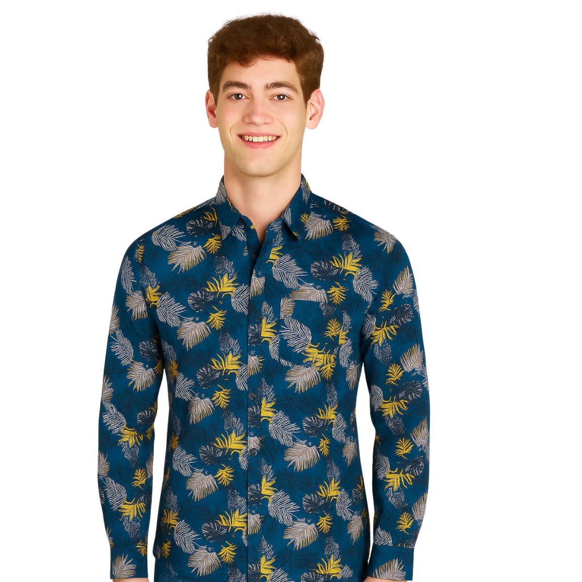 Yellow and Blue Tropical Print Shirt